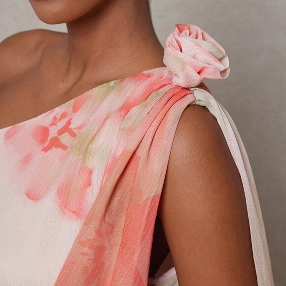 Pastel Pink Boho Women's Flowy Floral One Shoulder Mini Dress - Picture 4 of 5